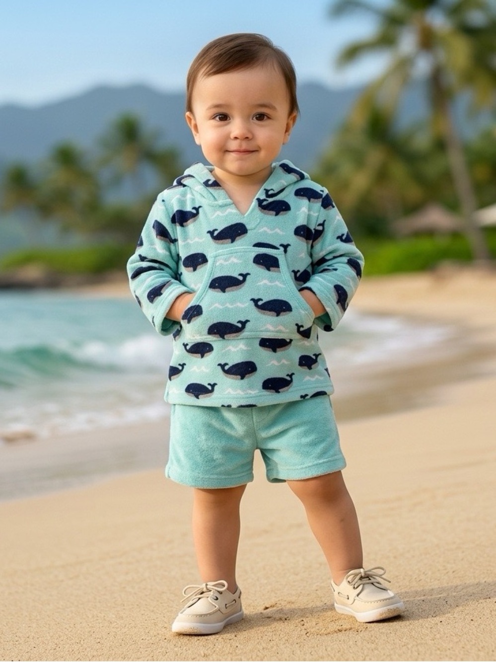 Pottery Barn Kids Whale Print Hoodie 6-12M Aqua Baby Pullover Sweatshirt